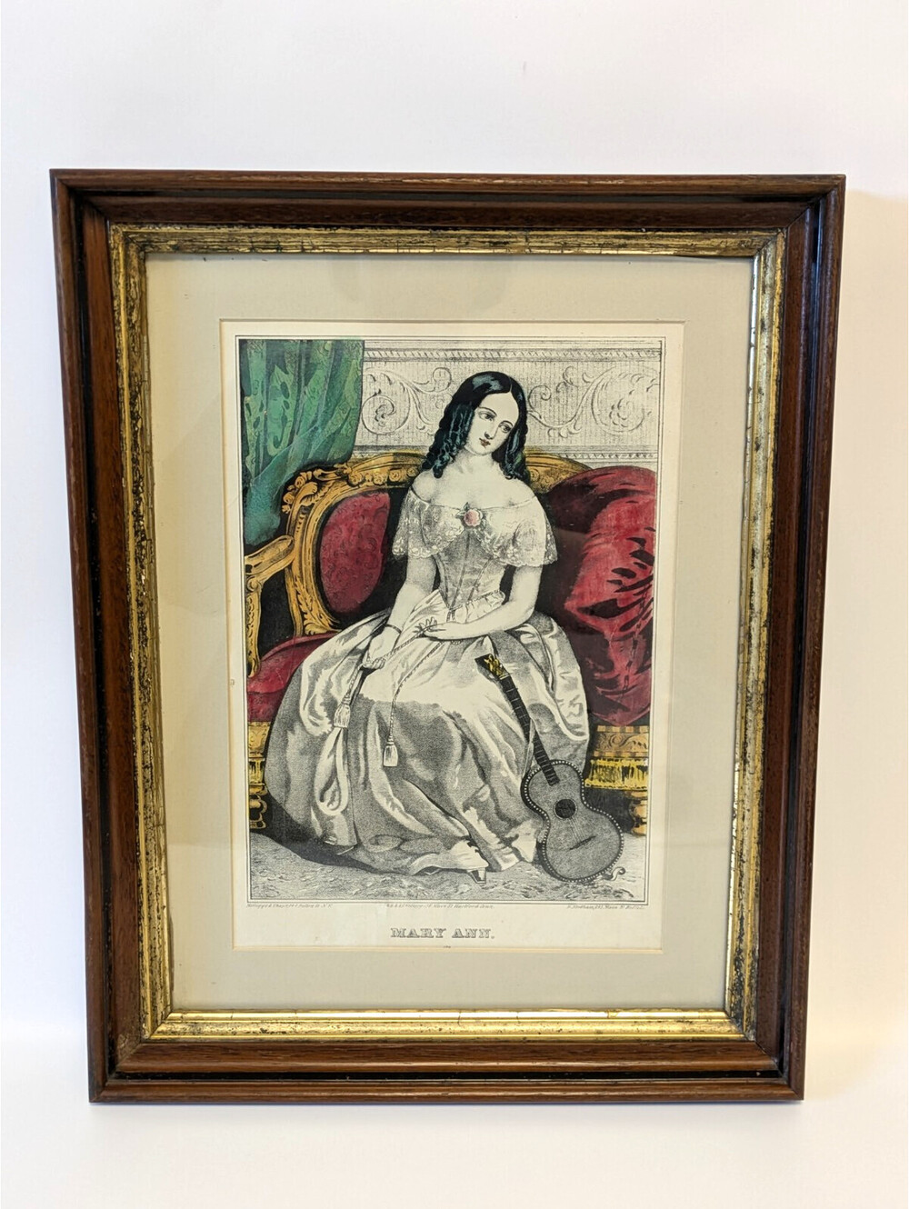 Antique Hand Colored Lithograph Young Lady Guitar Mary Ann Kelloggs Thayer 1847